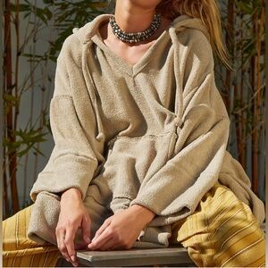 Free People Tan Oversized 3/4 Sleeve Hoodie